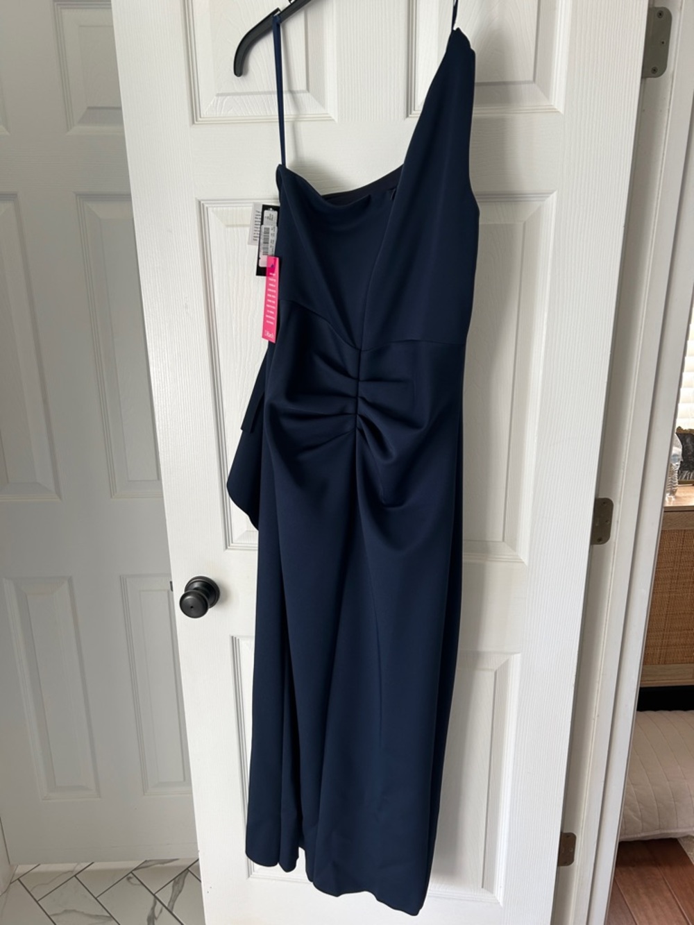 Xscape One-Shoulder Navy Ruffle Column Gown - Picture 8 of 11